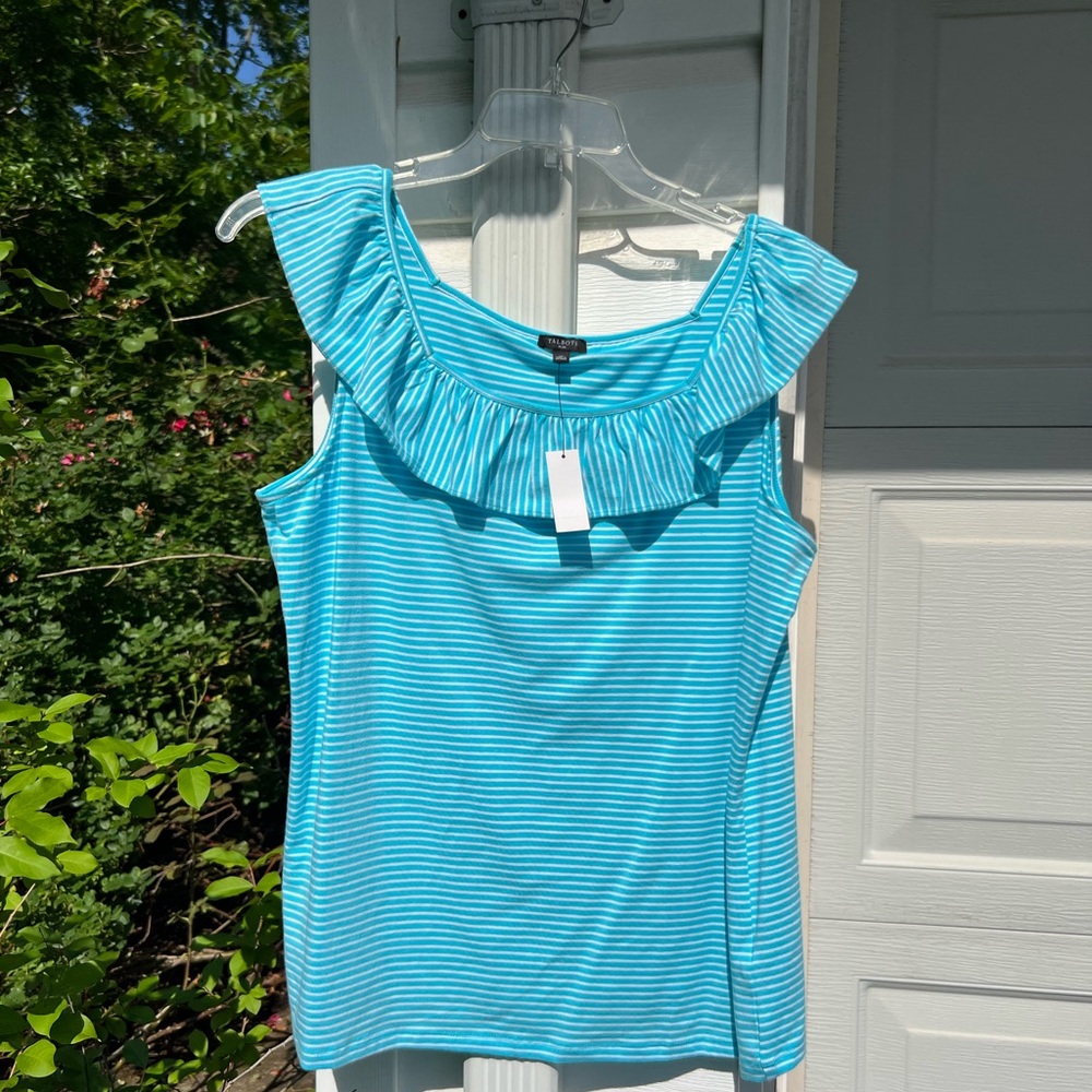 NWT Talbots Pretty Turquoise White Stripe Ruffle Scoop Neck Tank Top